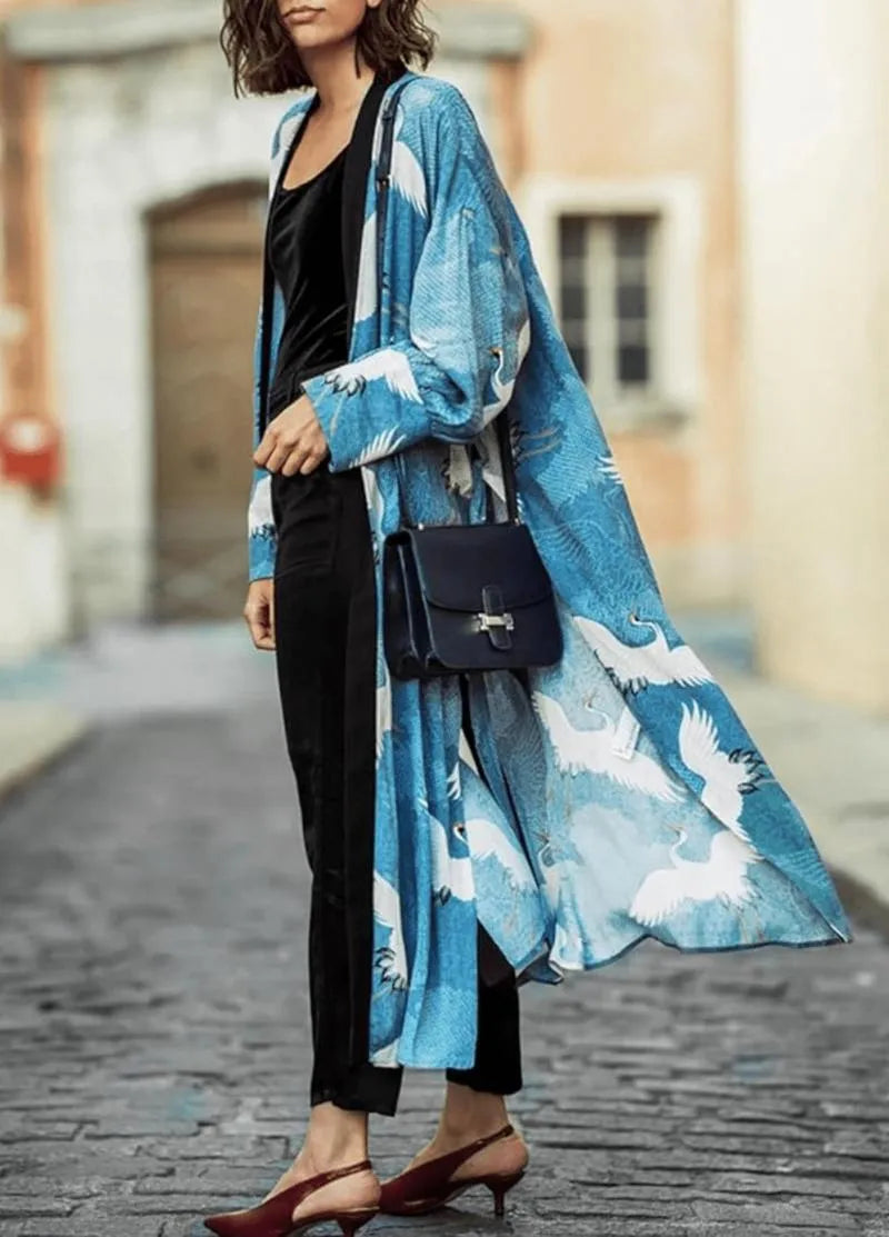 Kimono long femme japonais bleu - Soie authentique-Kimikono