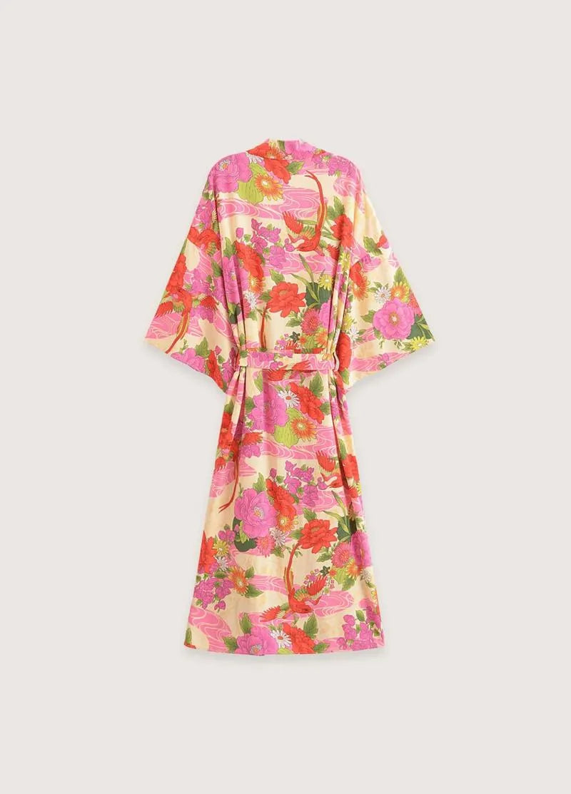 Kimono long femme rose fleuri - Élégance japonaise-Kimikono