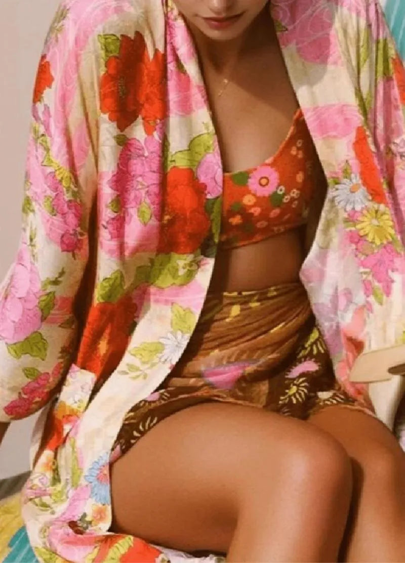 Kimono long femme rose fleuri - Élégance japonaise-Kimikono