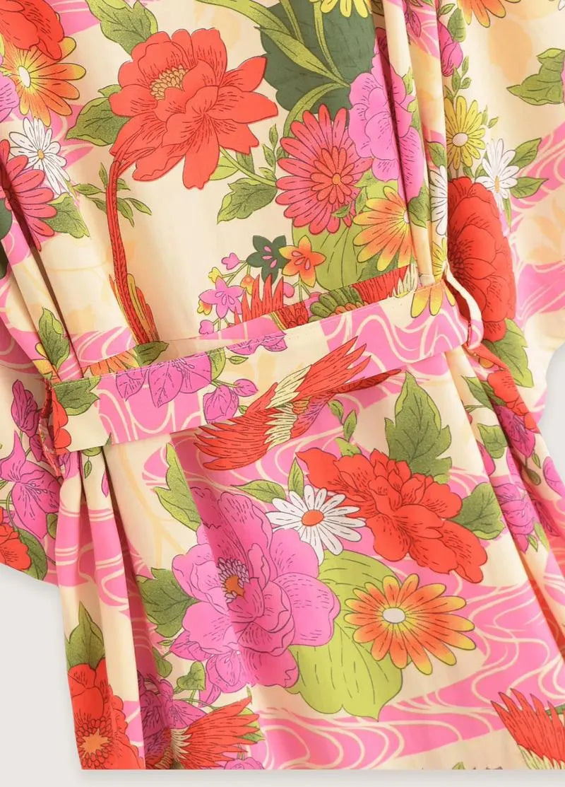 Kimono long femme rose fleuri - Élégance japonaise-Kimikono