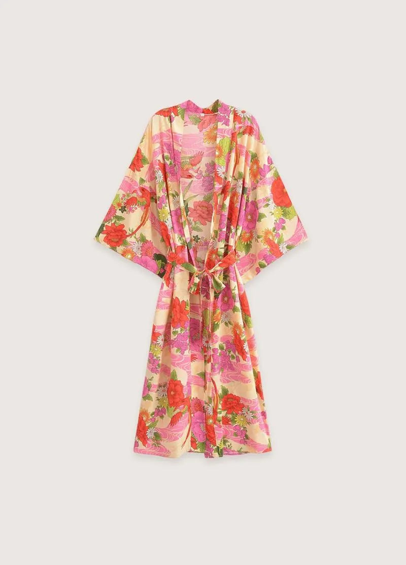 Kimono long femme rose fleuri - Élégance japonaise-Kimikono