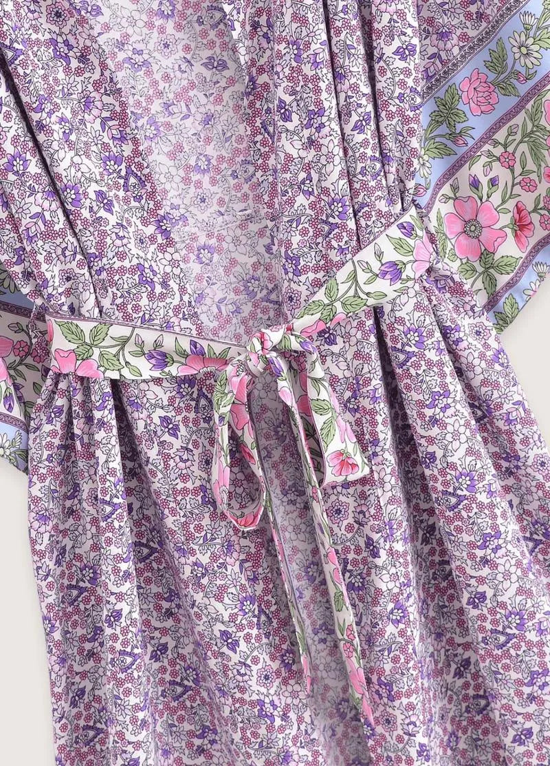 Kimono long femme violet fleuri - Élégance japonaise-Kimikono