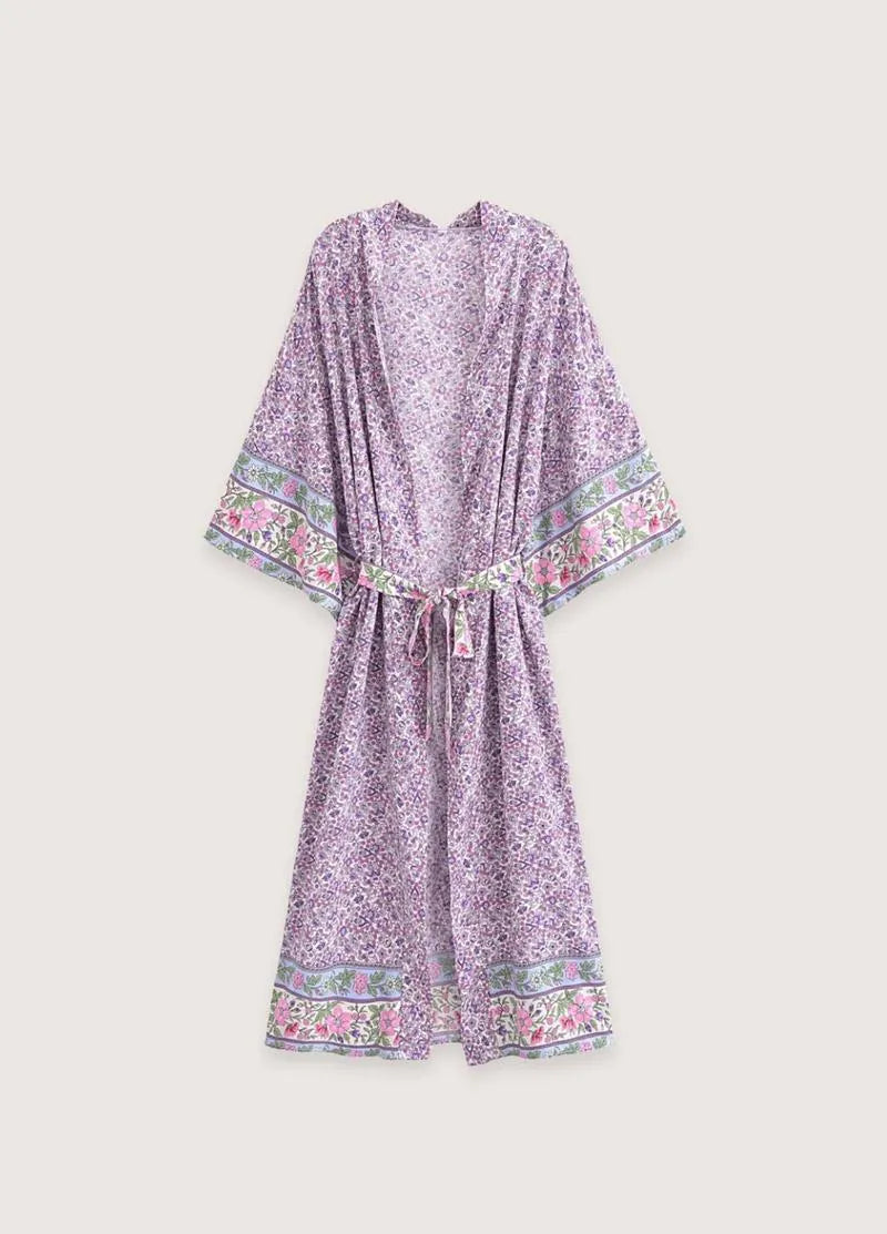 Kimono long femme violet fleuri - Élégance japonaise-Kimikono