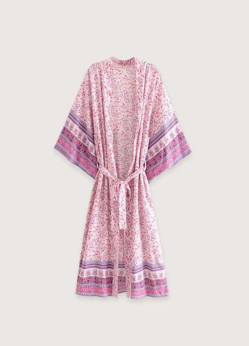 Kimono long fleuri femme rose - Style authentique-Kimikono