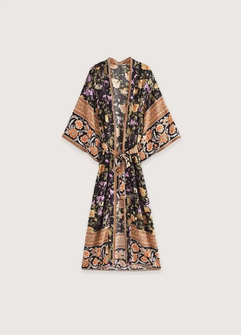 Kimono long fleuri noir orange - Élégance bohème-Kimikono