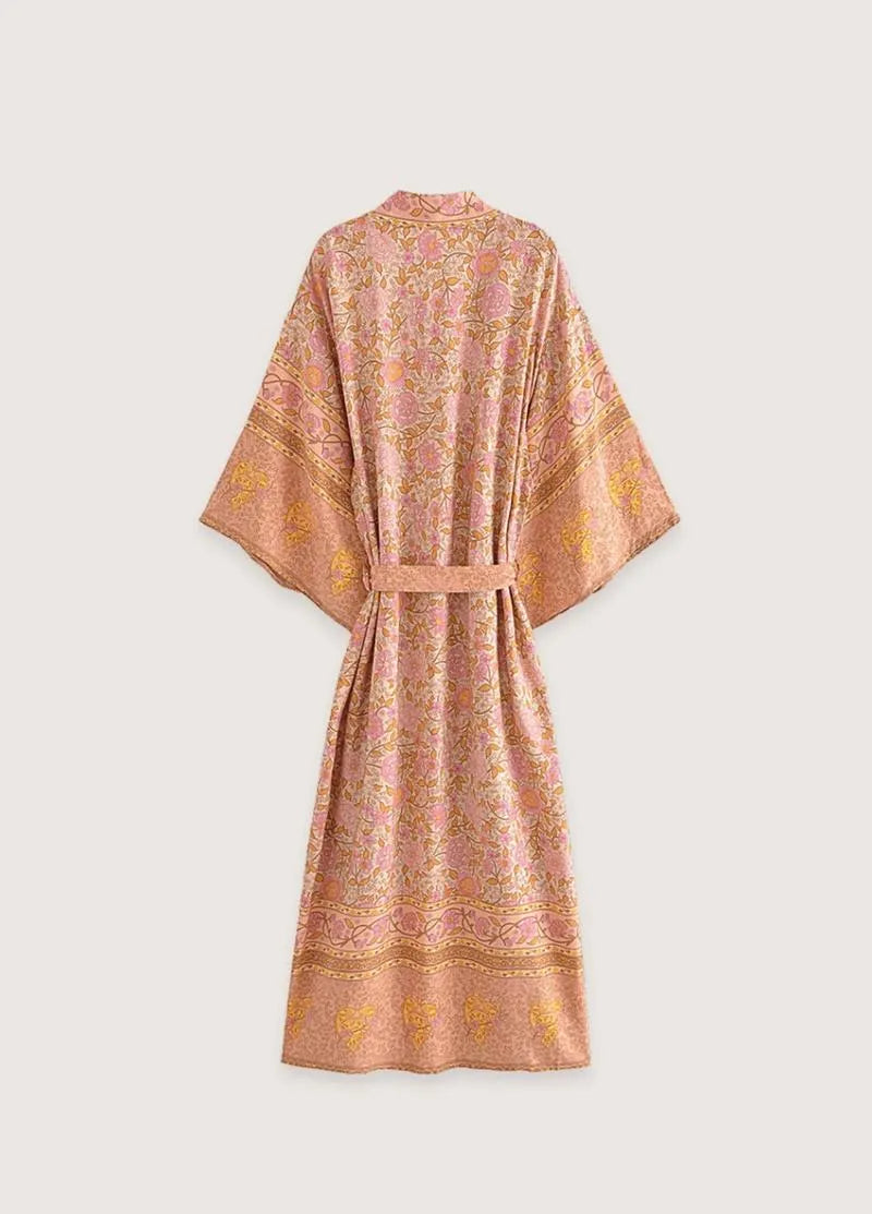 Kimono long fleuri rose saumon - Élégance femme-Kimikono
