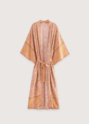 Kimono long fleuri rose saumon - Élégance femme-Kimikono