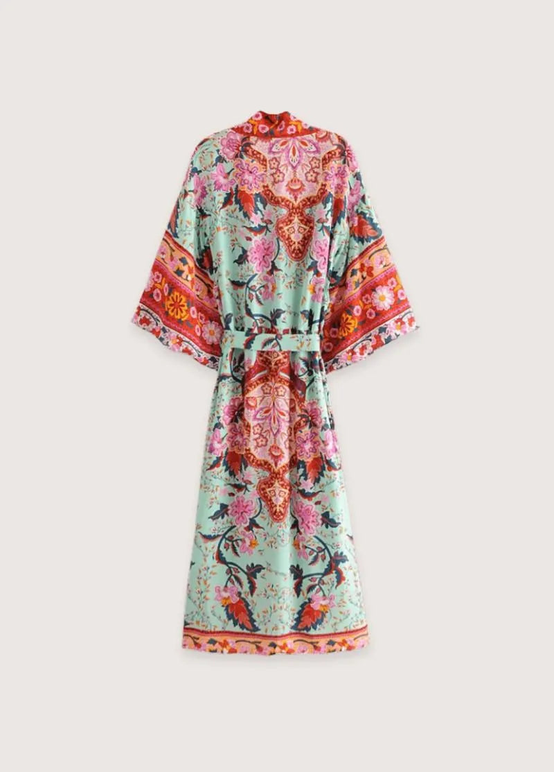 Kimono long floral vert - Soie luxueuse & élégant-Kimikono