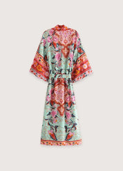 Kimono long floral vert - Soie luxueuse & élégant-Kimikono
