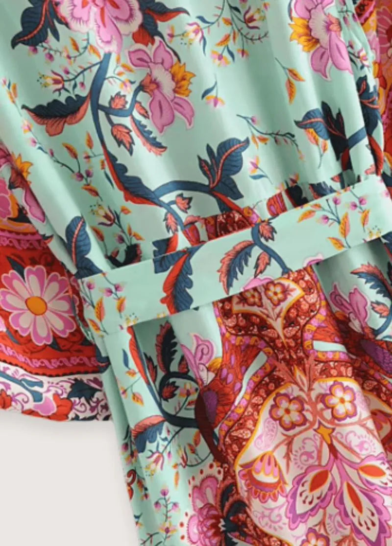 Kimono long floral vert - Soie luxueuse & élégant-Kimikono