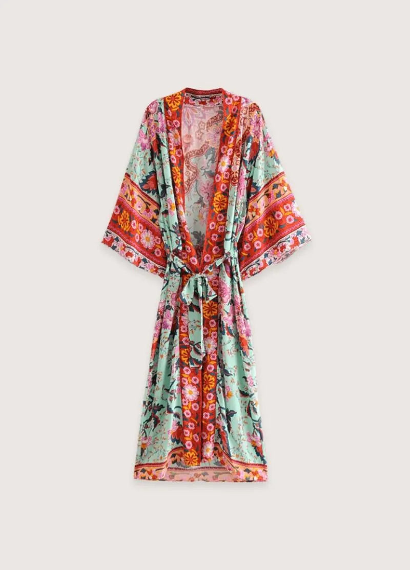 Kimono long floral vert - Soie luxueuse & élégant-Kimikono