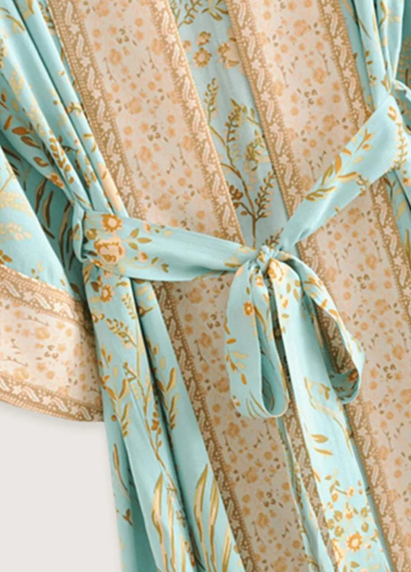 Kimono long fluide bleu bohème - Élégance moderne-Kimikono