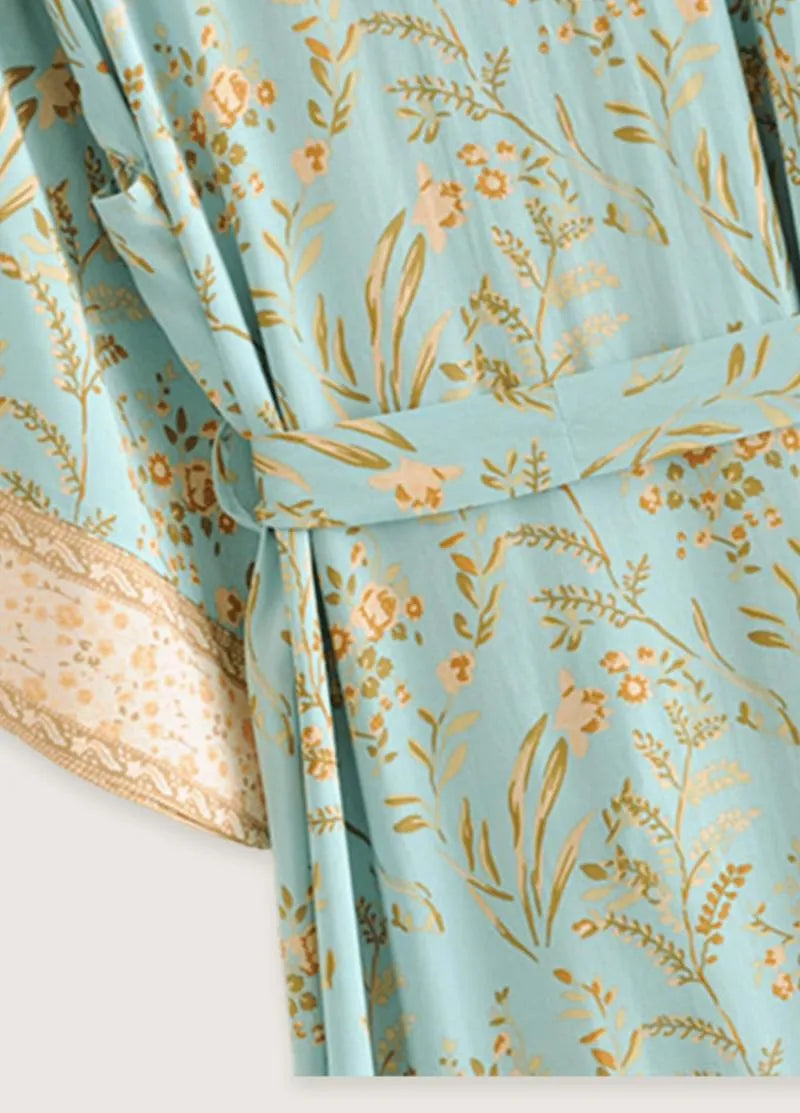 Kimono long fluide bleu bohème - Élégance moderne-Kimikono