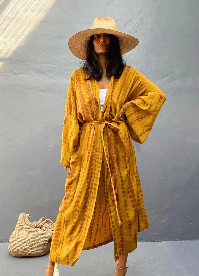 Kimono long jaune moutarde - Femme bohème & chic-Kimikono