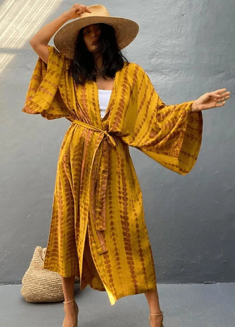 Kimono long jaune moutarde - Femme bohème & chic-Kimikono