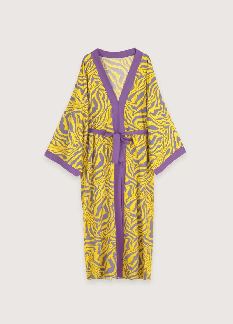 Kimono long jaune violet - Élégance orientale moderne-Kimikono