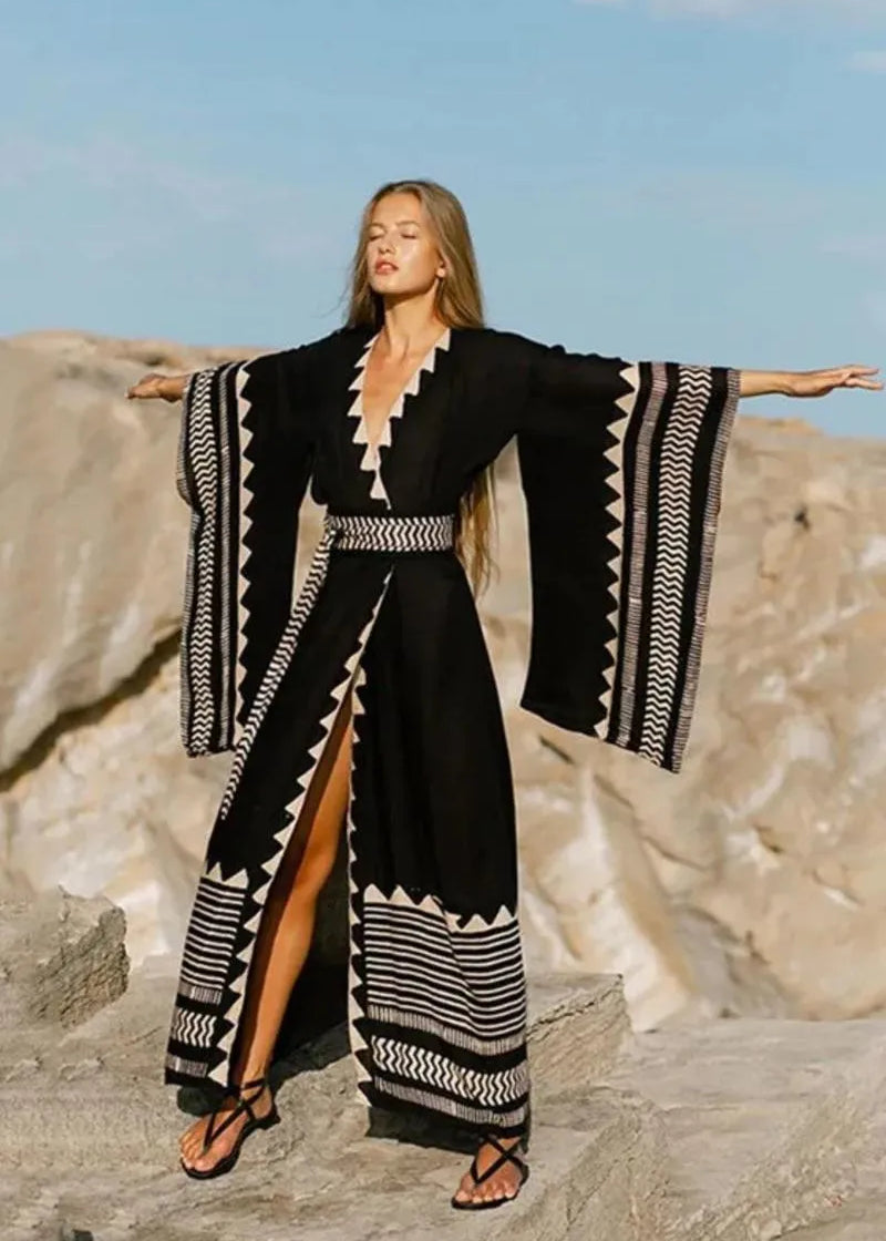 Kimono long noir - Élégance & sophistication-Kimikono