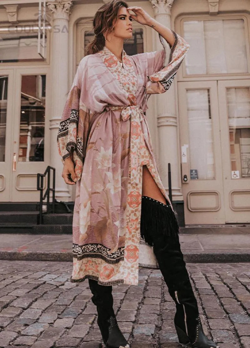 Kimono long rose bohème - Élégance florale femme-Kimikono
