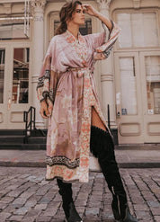 Kimono long rose bohème - Élégance florale femme-Kimikono