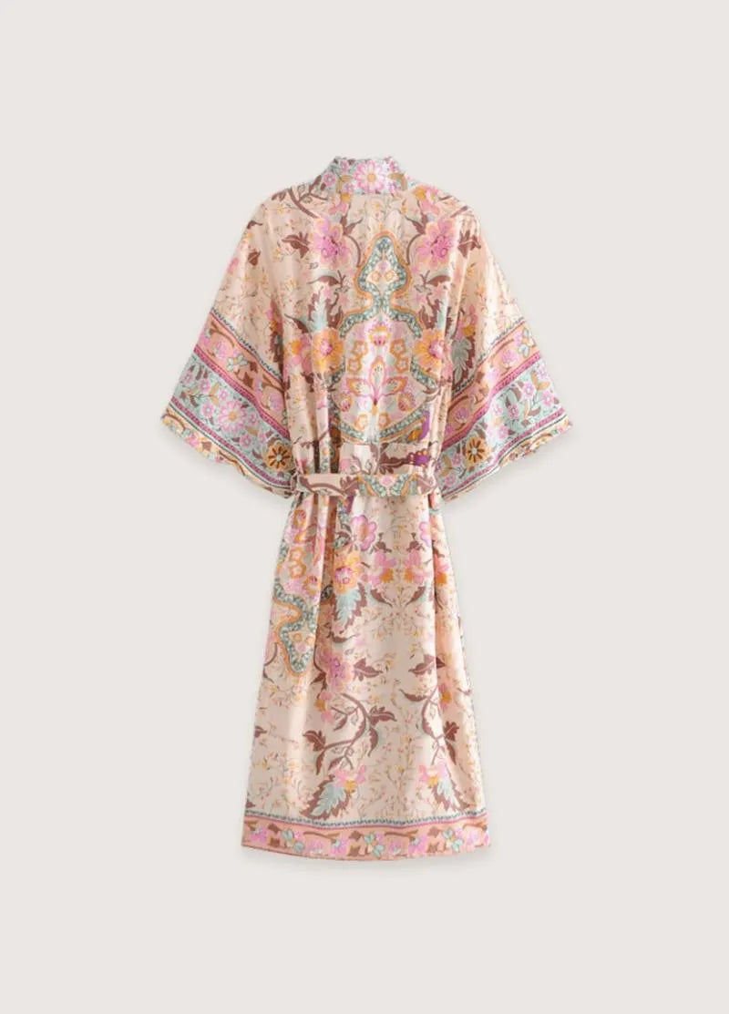 Kimono long rose fleuri femme - Style japonais chic-Kimikono
