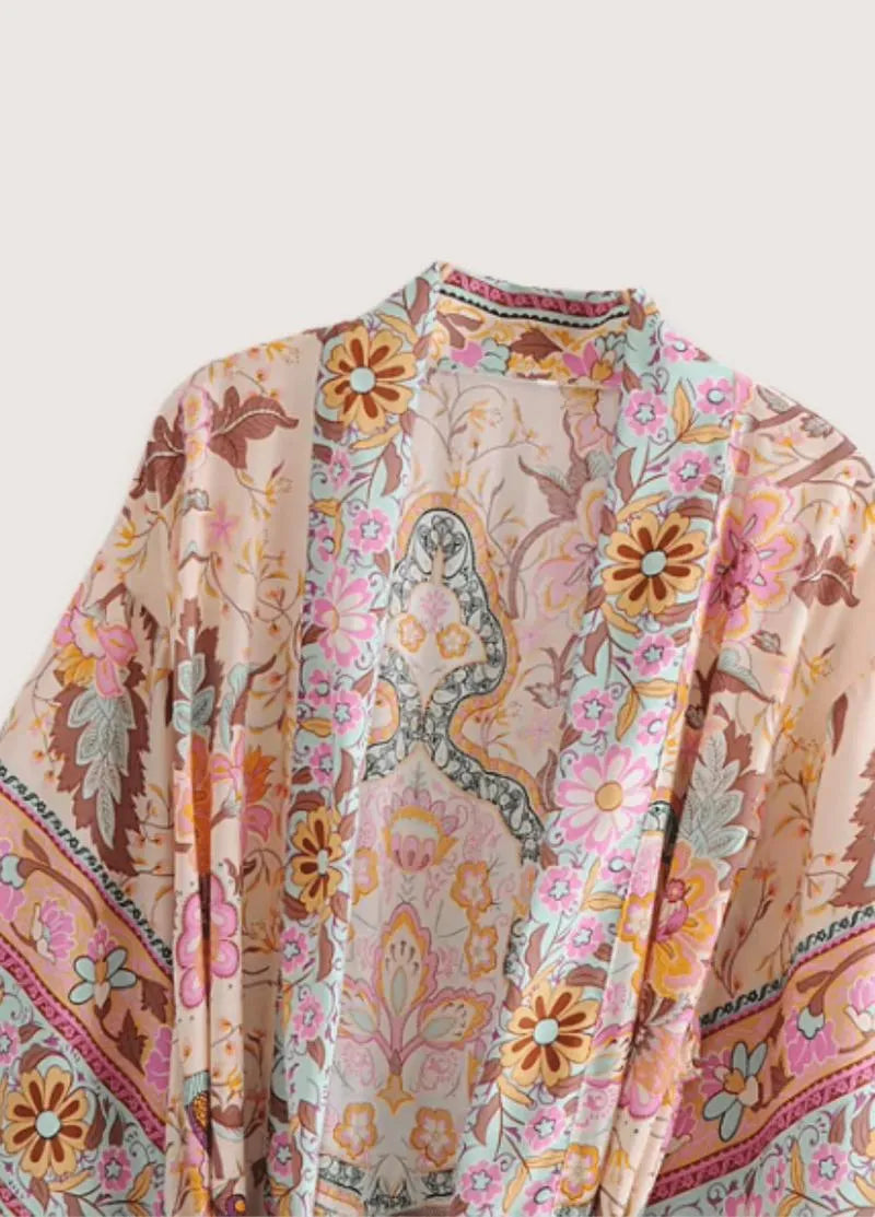 Kimono long rose fleuri femme - Style japonais chic-Kimikono