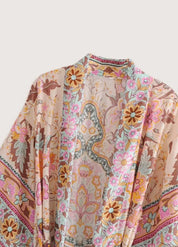 Kimono long rose fleuri femme - Style japonais chic-Kimikono