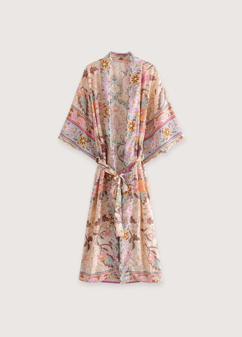 Kimono long rose fleuri femme - Style japonais chic-Kimikono