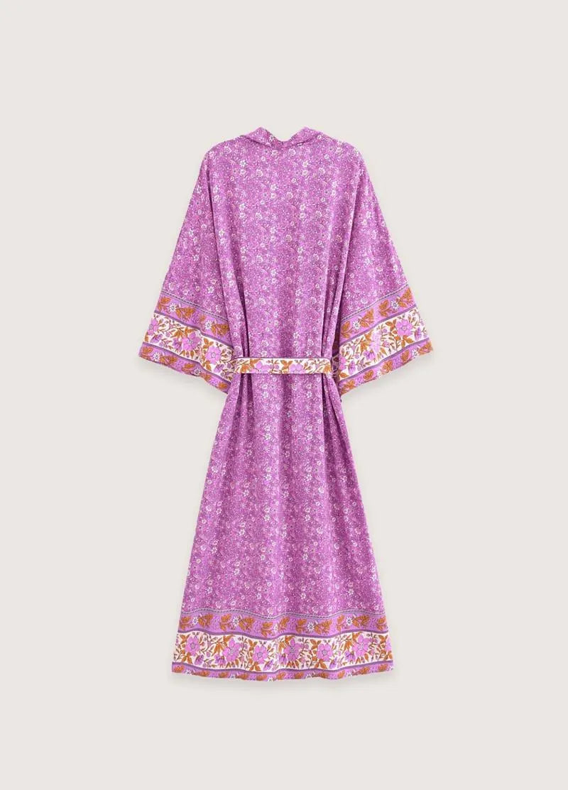 Kimono long rose floral - Élégance japonaise femme-Kimikono