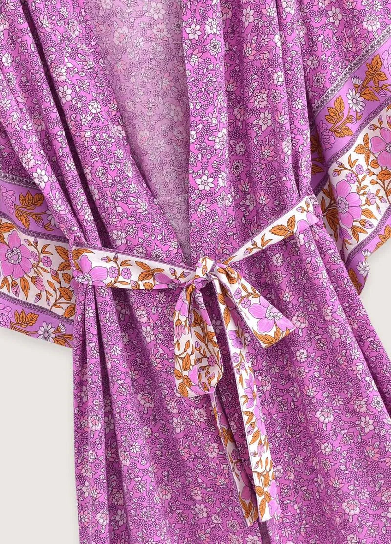 Kimono long rose floral - Élégance japonaise femme-Kimikono