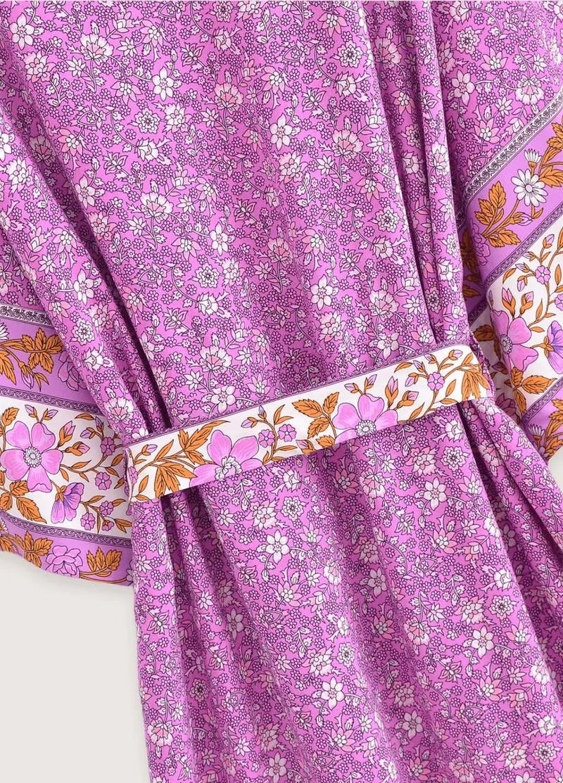 Kimono long rose floral - Élégance japonaise femme-Kimikono