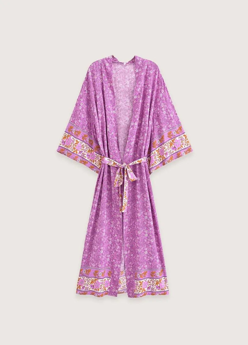 Kimono long rose floral - Élégance japonaise femme-Kimikono