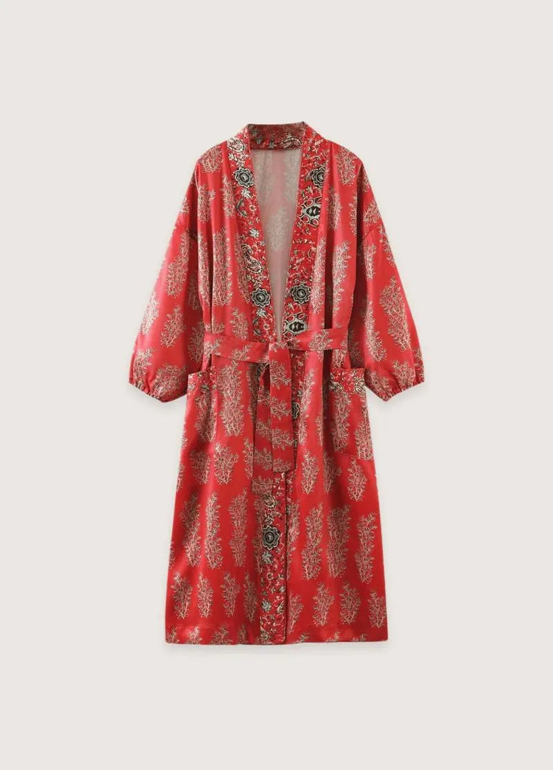 Kimono long rouge - Satin fleuri & élégant-Kimikono
