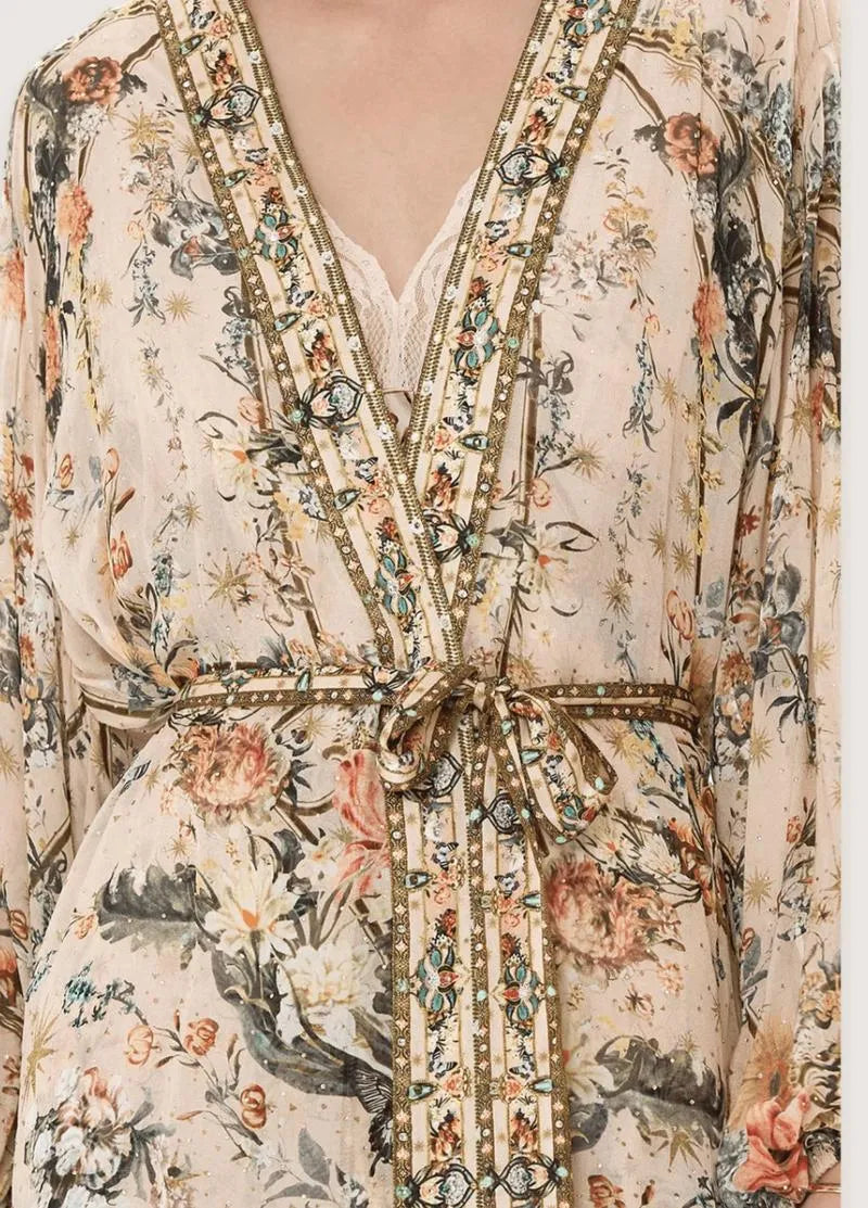 Kimono long soie - Motifs floraux authentiques-Kimikono