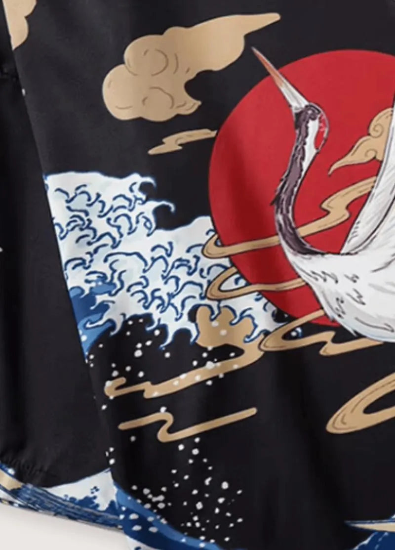 Kimono noir homme grue - Élégance japonaise authentique-Kimikono