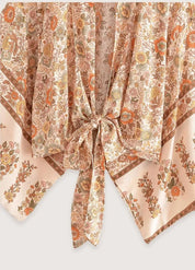 Kimono plage court fleuri orange - Bohème & élégant-Kimikono