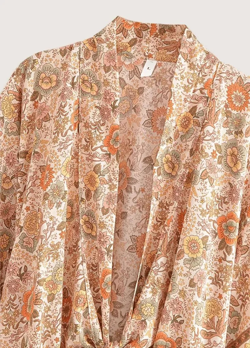 Kimono plage court fleuri orange - Bohème & élégant-Kimikono