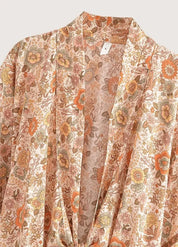 Kimono plage court fleuri orange - Bohème & élégant-Kimikono