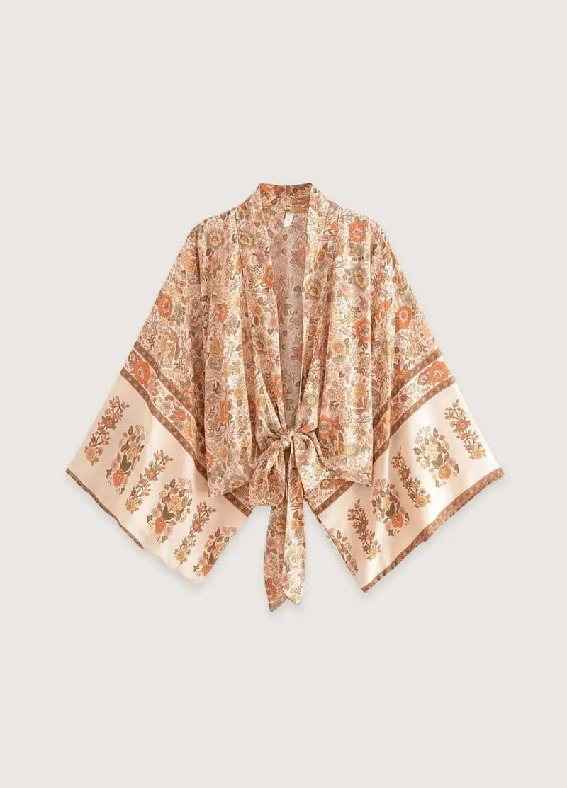 Kimono plage court fleuri orange - Bohème & élégant-Kimikono