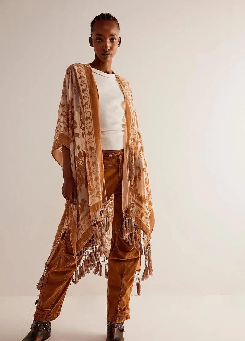 Kimono plage poncho brique rosé - Bohème & chic-Kimikono