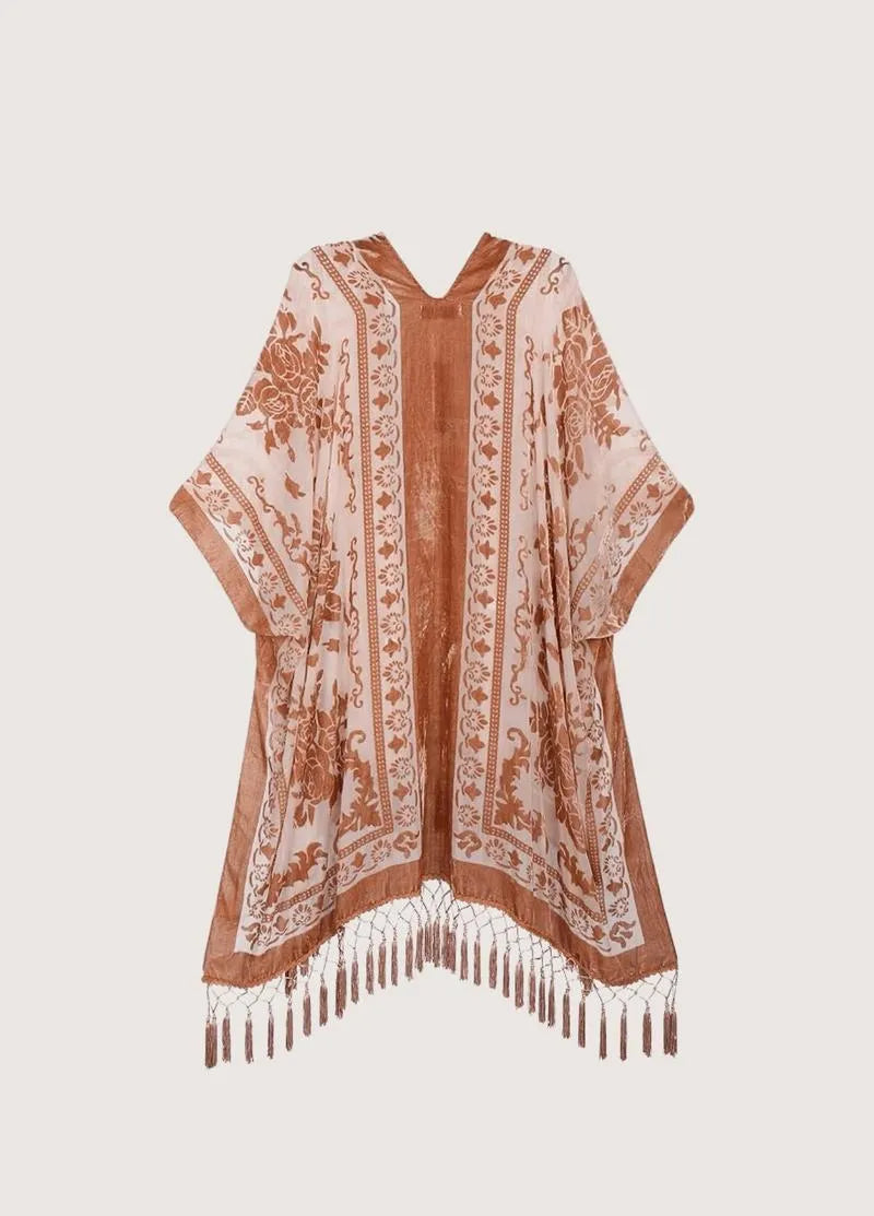 Kimono plage poncho brique rosé - Bohème & chic-Kimikono