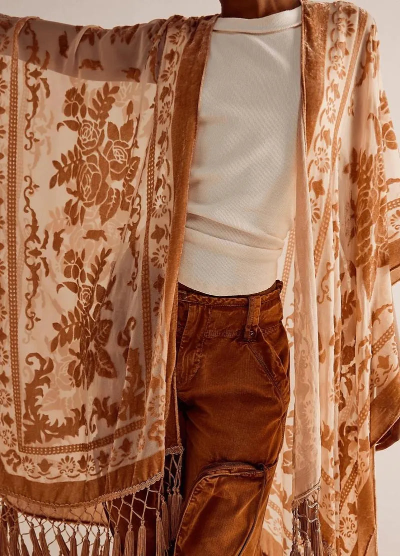 Kimono plage poncho brique rosé - Bohème & chic-Kimikono