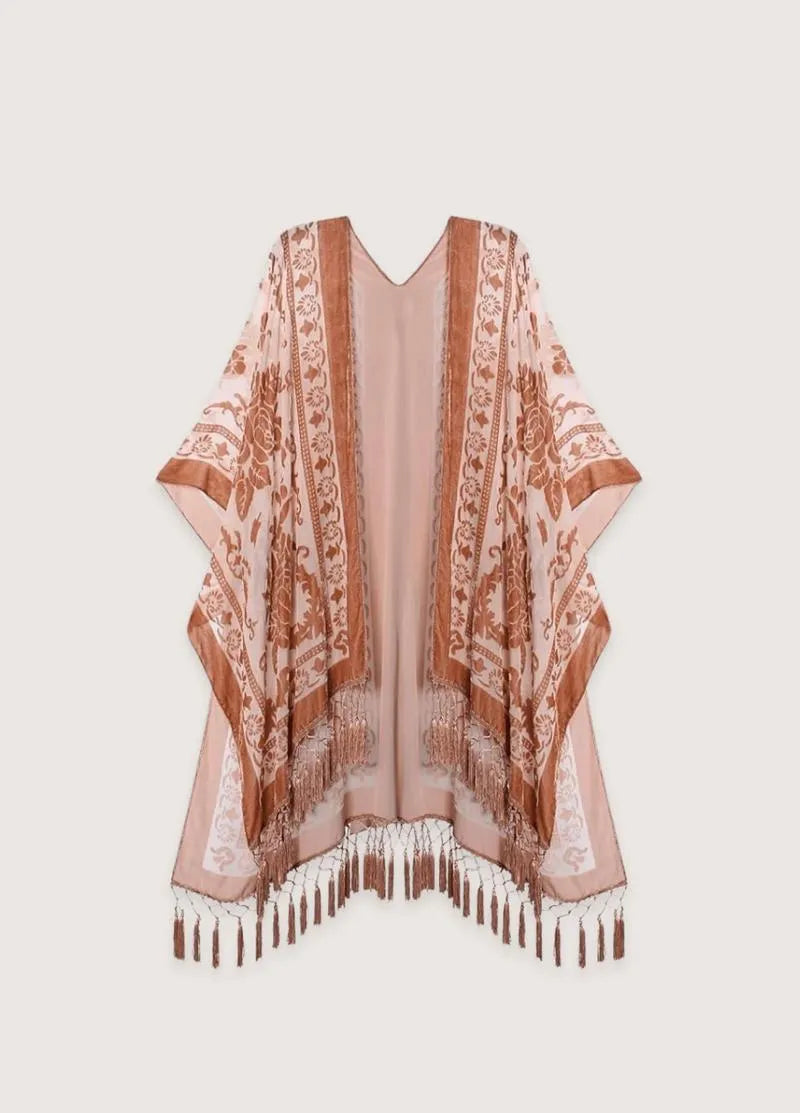 Kimono plage poncho brique rosé - Bohème & chic-Kimikono