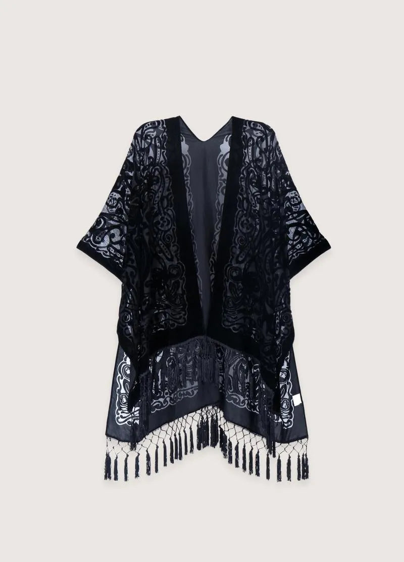 Kimono poncho noir brodé - Élégance japonaise-Kimikono