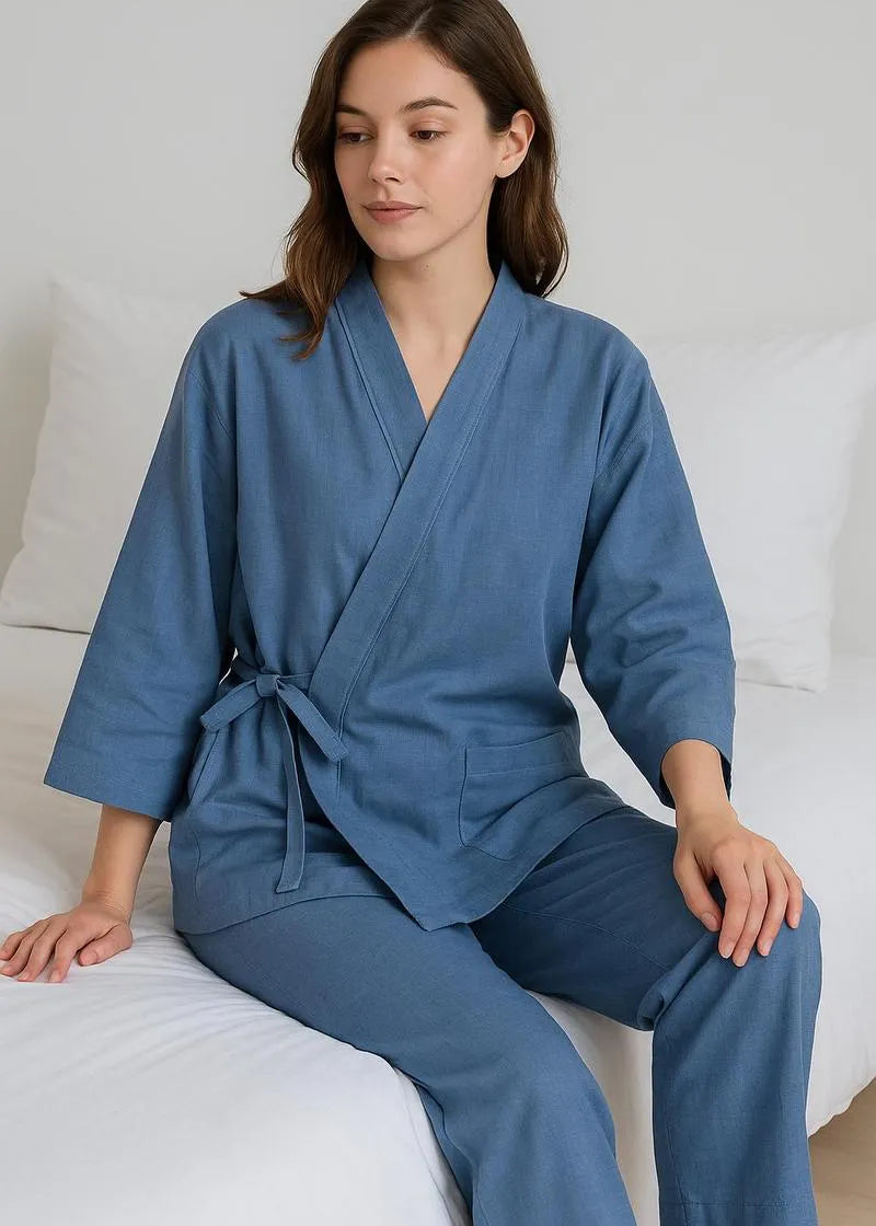 Kimono pyjama bleu femme - Lin premium confort nuit-Kimikono