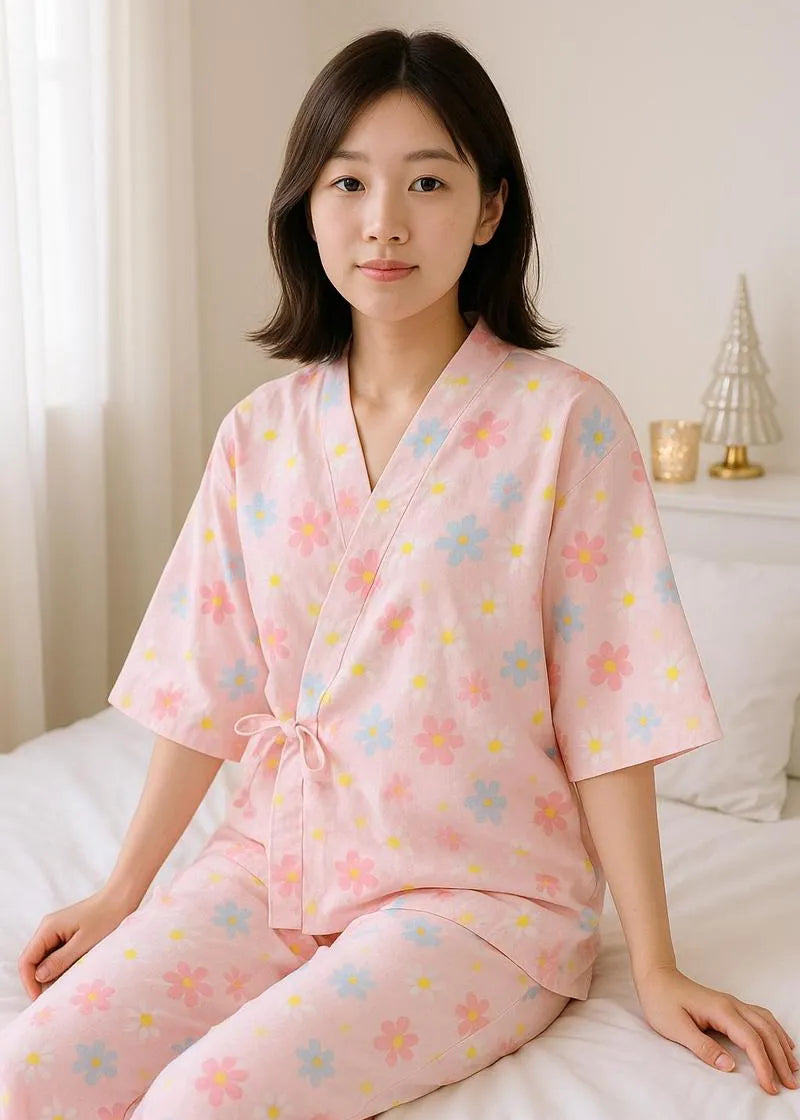 Kimono pyjama femme rose fleurie - Confort zen-Kimikono