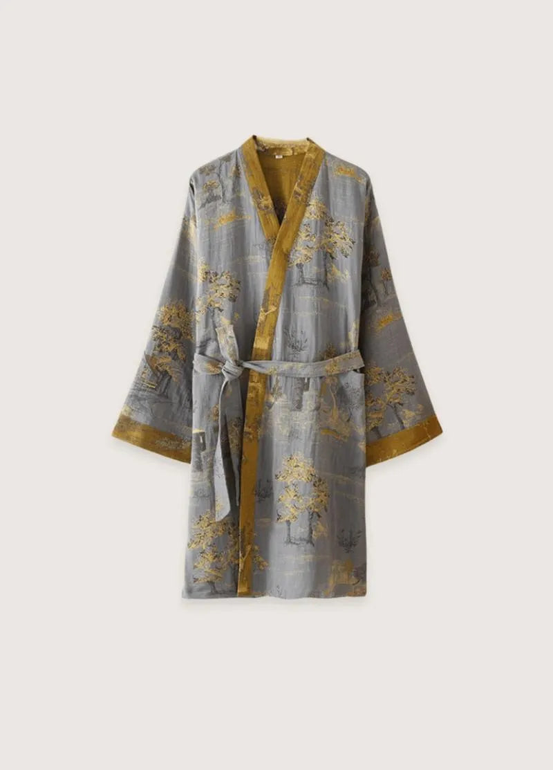 Kimono robe de chambre homme gris - Satin luxueux-Kimikono