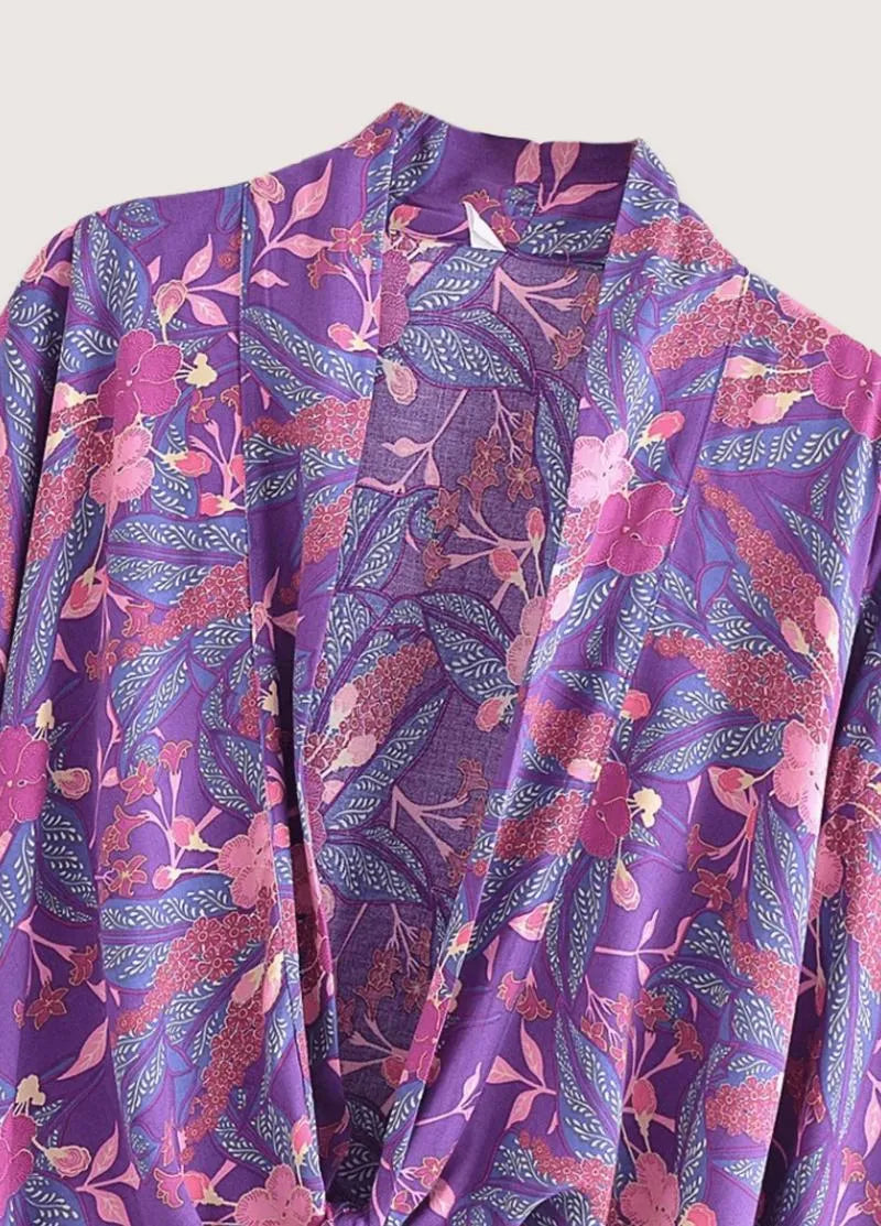Kimono t-shirt court violet fleuri - Bohème & chic-Kimikono