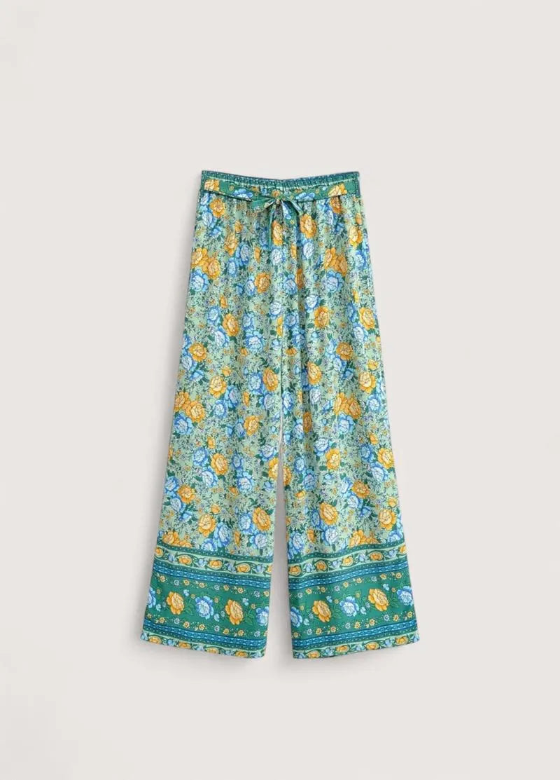 Pantalon kimono bleu fleuri - Femme style japonais-Kimikono