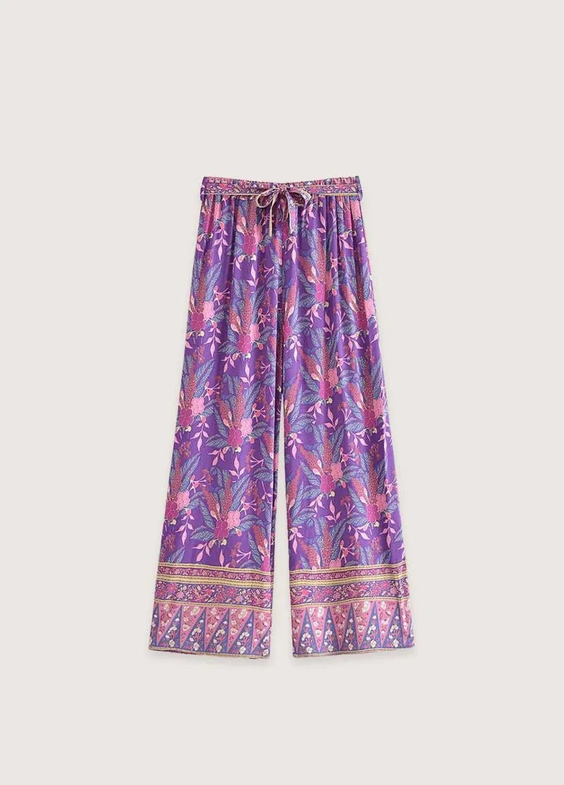 Pantalon kimono violet fleuri - Femme élégante & fluide-Kimikono