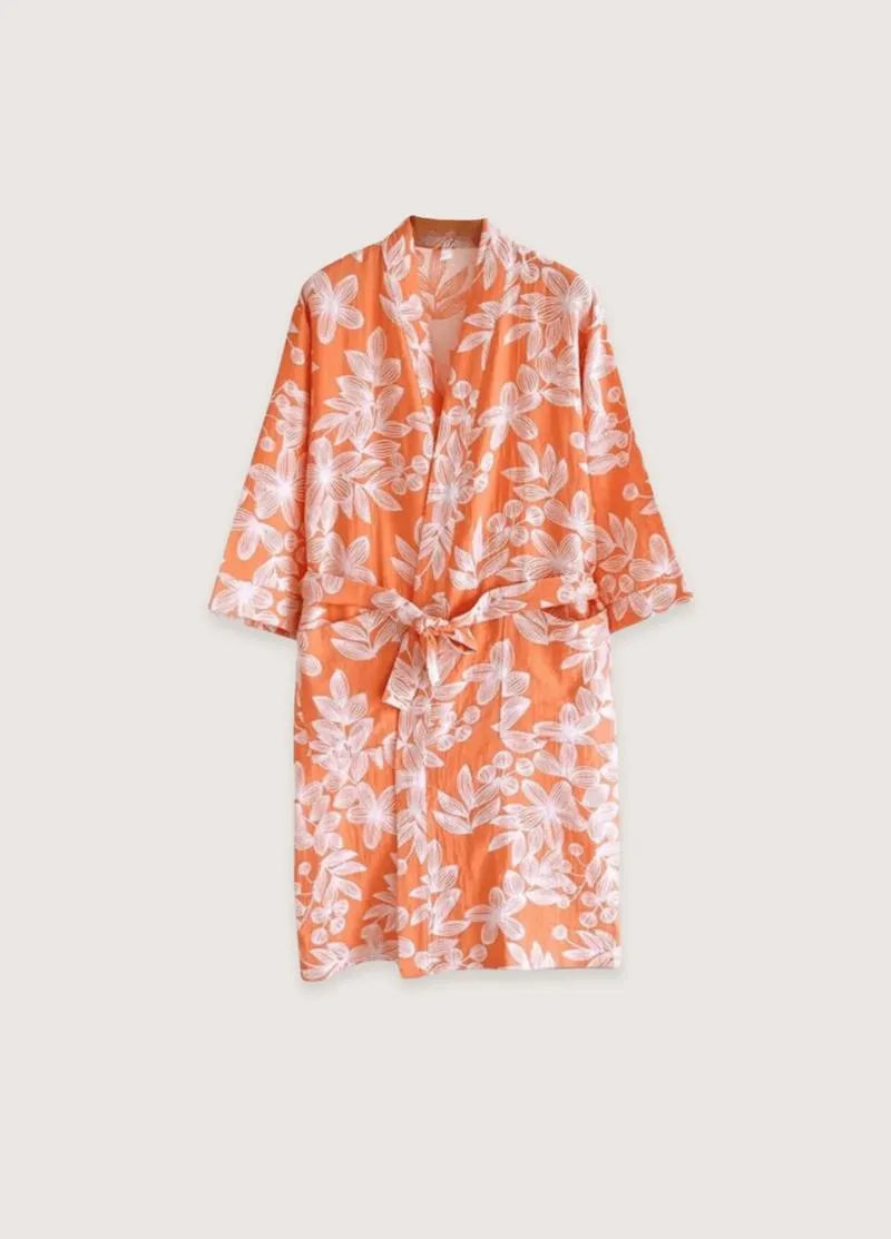 Peignoir femme kimono orange - Élégance florale-Kimikono